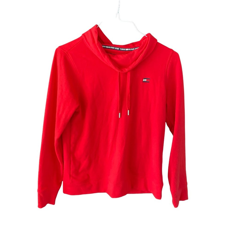 Red Tommy Hilfiger Sport High Neck Drawstring Embroidered Logo Pullover Sweater